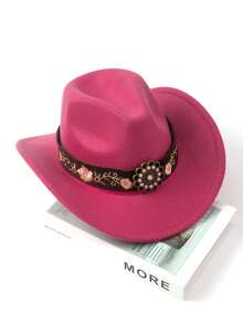 1 Pc Rose & Leaf Retro Pattern Bohemian Vintage Polyester Embroidered Beaded Rhinestone Felt Hat, Newsboy Cap, Cowboy Hat, All-Season Fashion Versatile Work Hat With Detachable Chain - Western Hat - View 2