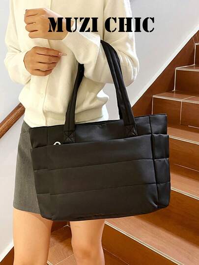 Tote Bag With Quilted Padded Body, Double Wide Strap Design, Side External Pockets For Convenient Storage Of Small Items. Ample Capacity To Hold Books, Laptop And Other Personal Belongings, Minimalist Lightweight Style Suitable For Daily Outings, Easily Elevating Your Overall Outfit Style.