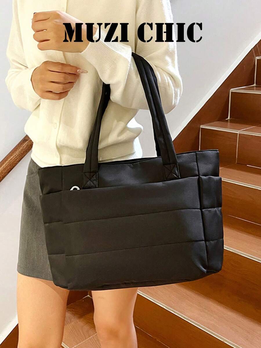 Tote Bag With Quilted Padded Body, Double Wide Strap Design, Side External Pockets For Convenient Storage Of Small Items. Ample Capacity To Hold Books, Laptop And Other Personal Belongings, Minimalist Lightweight Style Suitable For Daily Outings, Easily Elevating Your Overall Outfit Style. - Black - View 1