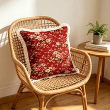 1PC Countryside Floral Print Pillow Cover With Tassel Border, Double-Sided Decorative Pillowcase, Red Peony Pattern, Home Decoration, Sofa, Bed, Bedroom(Excluding Pillow Core)-Size Excludes 3cm Tassels - Multicolor - View 11