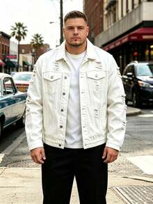 Men's Oversized Denim Jacket White Ripped Distressed Trucker Coat - White - View 1