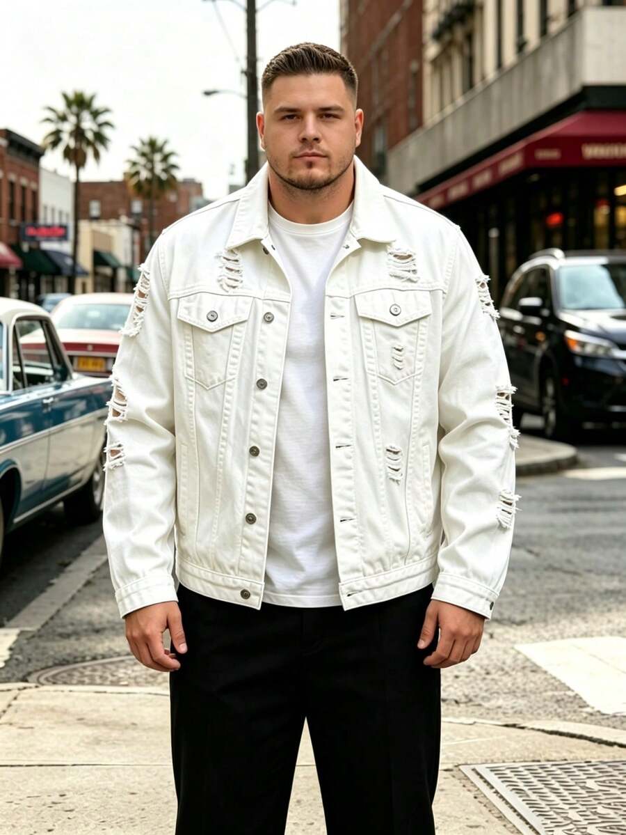Men's Oversized Denim Jacket White Ripped Distressed Trucker Coat - White - View 1