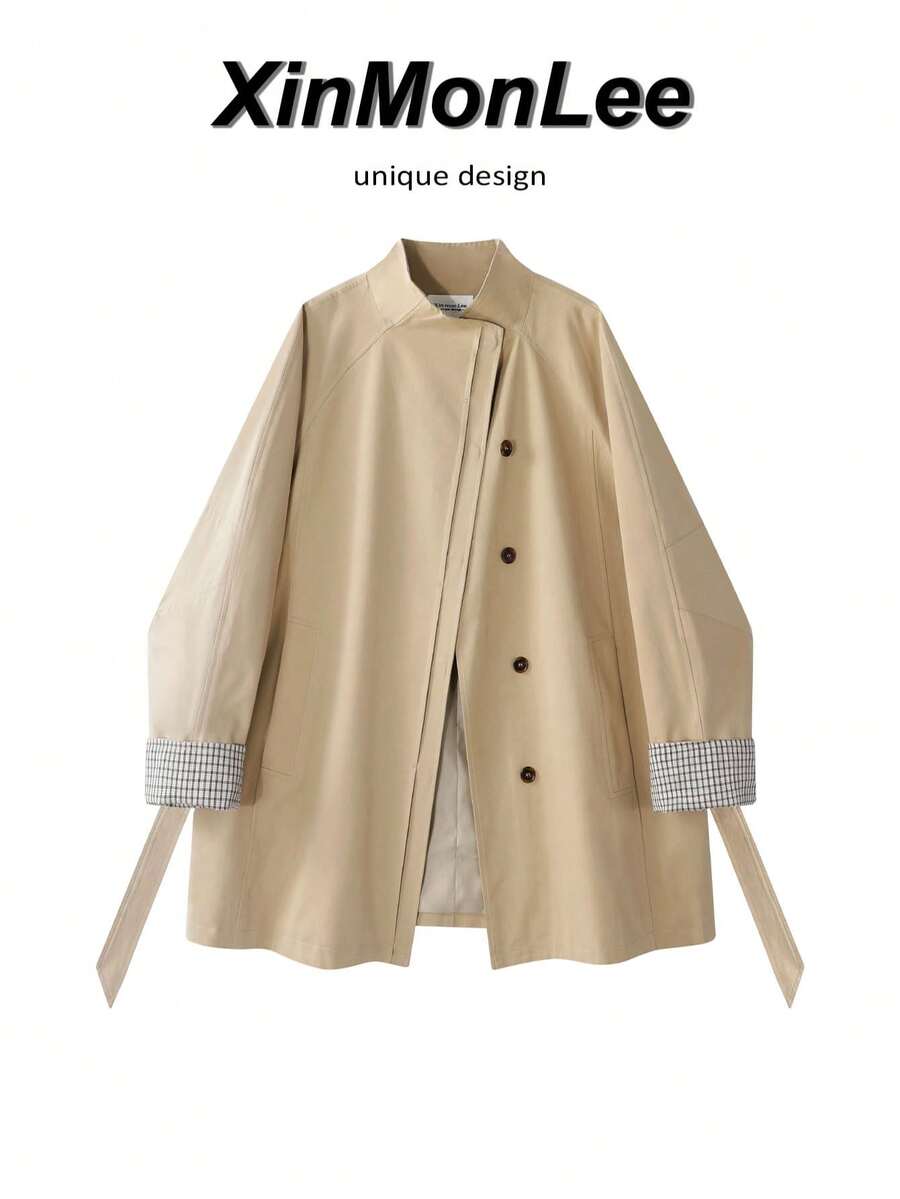 American Style Stand Collar Single-Breasted Button Coat Jacket, College Vacation Daily Spring Autumn Casual Travel - Khaki - View 1