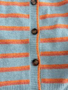 Plus Size Women's Round Neck Single Breasted Contrast Color Striped Lantern Sleeve Knit Cardigan, Loose Casual Versatile Autumn/Winter Retro Street Commute Style - Multicolor - View 6