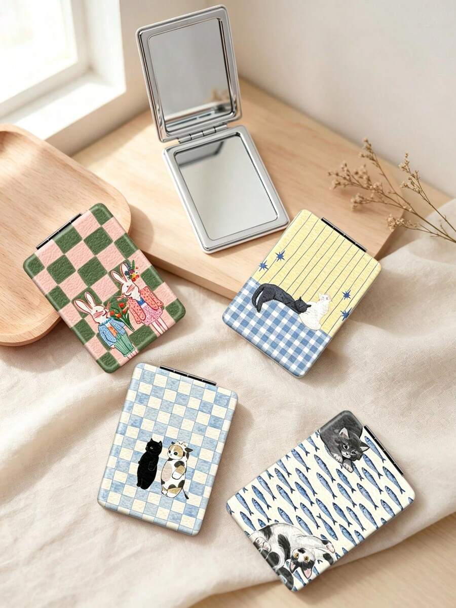 1PC Ins Cat Pet Series Portable Vanity Mirror, Foldable Lightweight Ultra-Thin Convenient Hand Mirror, PU Leather, Suitable For Multiple Scenarios And All People, Rectangular Mirror, Pocket Mirror, Cartoon Cat Rabbit Plaid Fish Pattern Design, Exquisite And Delicate, Easy To Carry, Handheld Makeup Mirror, 180° Flip Cover, Multi-Functional Mini Mirror, Compact Mirror, Mirrors, Daily, Festival, Birthday, Valentine's Day - Multicolor - View 1