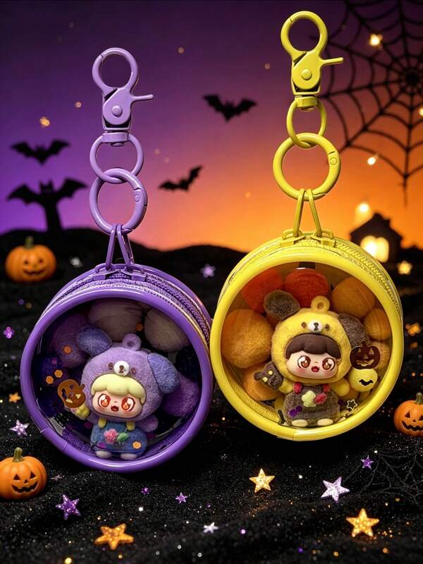 1 Set Halloween Theme Sweet & Cool Style Flocked Doll With Transparent Storage Bag Pendant, Flocked Doll Keychain, Fashion Spring Clip, Shaking Doll Bag Charm, Portable Decorative Hook, Halloween Gift Party Favor