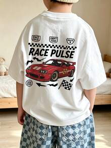 Baby Boy Racing Car Print T-Shirt, Baby Boy Casual Short Sleeve Crew Neck T-Shirt - White - View 8
