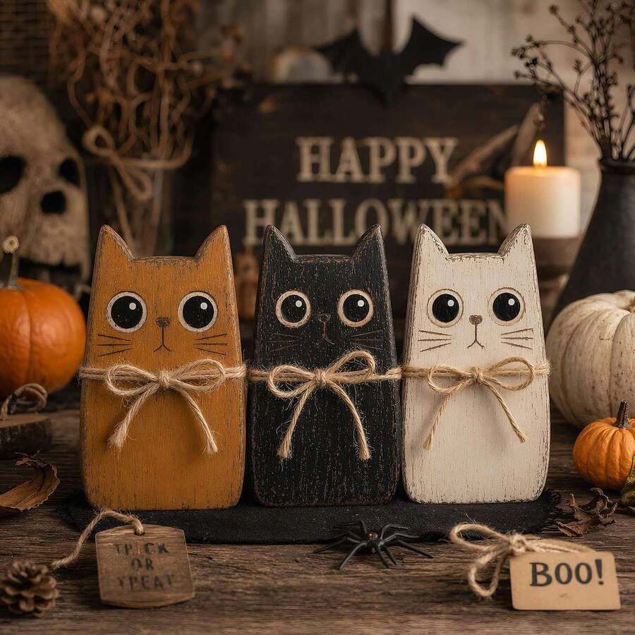 Set Nampan Meja Kayu Halloween Bertema Kucing, Produk Terlaris Lintas Negara, Dekorasi Kreatif untuk Pajangan Jendela Rumah - 3pcs - View 1