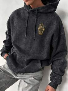 Men's Gold Artistic Pattern Hoodie, Casual Loose Fit Washed Pullover Sweatshirt - Black - View 4