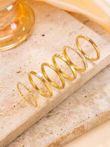 6pcs Fashionable Luxury Geometric Rhinestone & Starry Stainless Steel Rings, Suitable For Women's Daily Wear Or Party - Gold - View 3