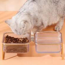 1pc 15° Tilted Elevated Double Cat Bowl, Rose Gold Iron Frame Transparent Striped Pet Food & Water Bowl, Neck Protection Elevated Anti-Slip Anti-Splash Feeding Bowl, Home Dining Set, Suitable For Cats, Kittens And Small Dogs - Large Capacity - View 4