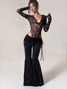 Women's Solid Color Casual Elegant Commute Minimalist Fashion Drawstring Lace Elastic Flare Leg Pants, Suitable For Daily Outings, Dating, Office Commute And Various Occasions - Black - View 9