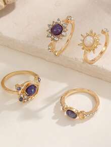 4 Fashionable Ins Sun Moon Diamond Gemstone Ring Set Valentine's Day Mother's Day Birthday Gift - 4pcs/set Ring Set - View 4