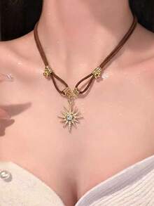 2pcs Fashionable Sweet & Cool Geometric Necklace Set With Sun Pendant, Metal & Leather With Rhinestones, Multicolor Pendant Necklace Set, Suitable For Women's Daily, Party, Holiday Wear - Multicolor - View 9