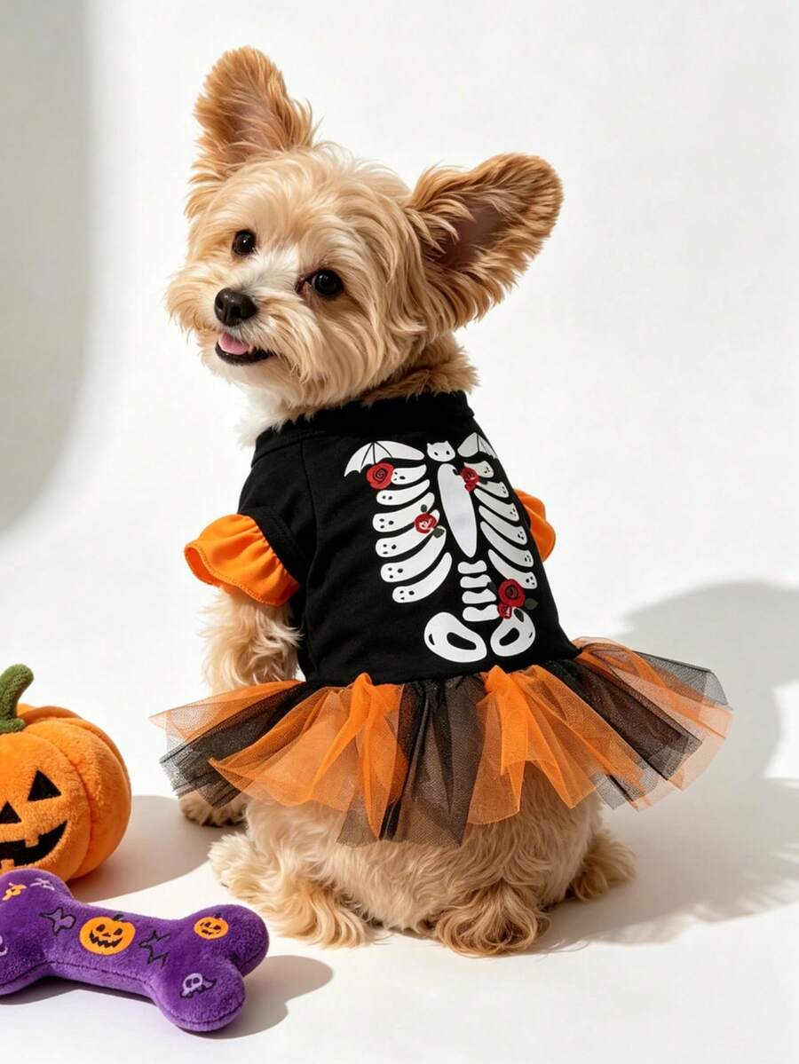 The 3estie 3eastie 1pc Halloween Bat Skull Rose Skeleton Pattern Pet Dress, Suitable For Chihuahua Small Dogs, Physical Flea Protection Base Layer, Fashionable Pet Dog Clothes, Applicable For Cats And Dogs Indoor And Outdoor - Multicolor - View 1