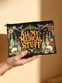 حقيبة سحاب مع طباعة عنصر طبي "MY PHARMACY"، طباعة جمجمة زهرية "ALL MY MEDICAL STUFF"، حقيبة تخزين محمولة للأقراص والأشياء الصغيرة - متعدد الألوان - مشاهدة 3