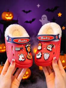 Halloween Ghost Pumpkin Decor Thermal Lined Warm Children's Clogs, Soft Plush Interior Non-Slip Autumn/Winter Boys & Girls Slip-On Thermal Slippers - Red - View 1