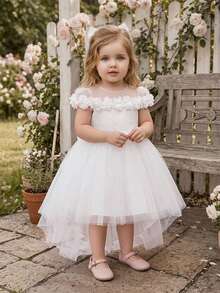 Baby Girls 3D Floral Mesh Bow Cute Party Dress Suitable For 1st Birthday Flower Girl, Headband Not Included - White - View 4