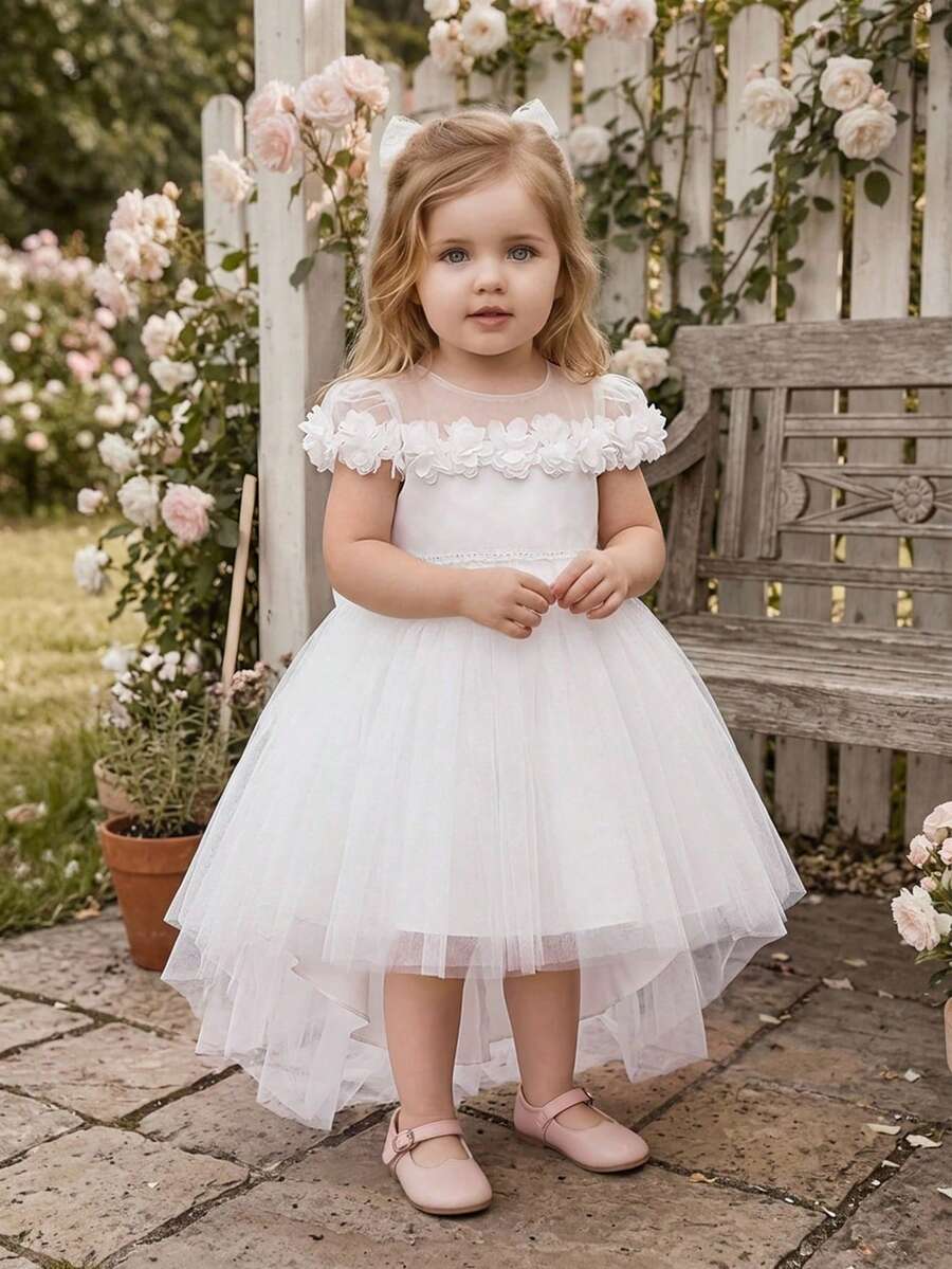 Baby Girls 3D Floral Mesh Bow Cute Party Dress Suitable For 1st Birthday Flower Girl, Headband Not Included - White - View 1