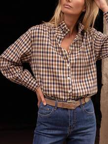 Women's Vintage Gingham Button-Down Shirt, Oversized Relaxed Fit Long Sleeve Blouse For Casual Everyday Wear - Brown and Blue Plaid - View 5