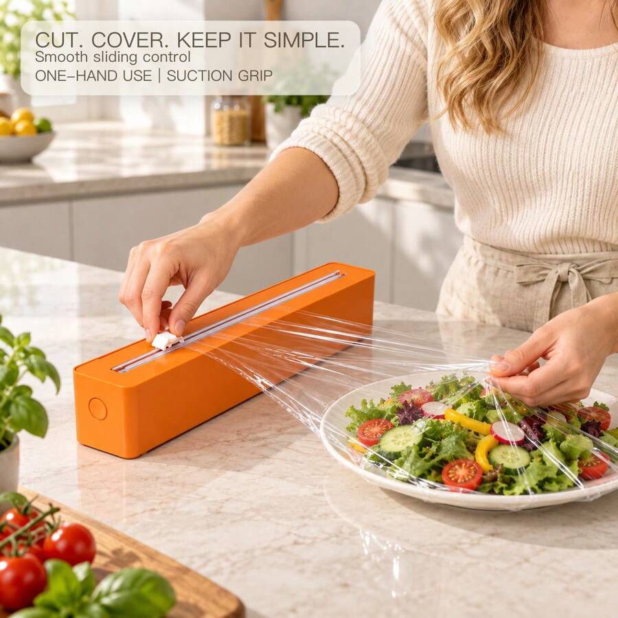 1pc Refillable Plastic Wrap Dispenser With Slide Cutter And Suction Cup Base, Countertop Cling Film, Aluminum Foil And Parchment Paper Organizer, Clean Straight Cuts, Kitchen Food Storage Tool, 4 Colors - View 1