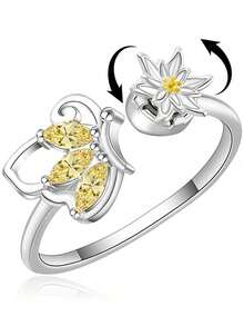 S925 Sterling Silver Bee And Flower Rotating Ring, Featuring Yellow Cubic Zirconia Design. This Open Ring Has A Rotating Design With Insect And Daisy Motifs - Silver - View 8