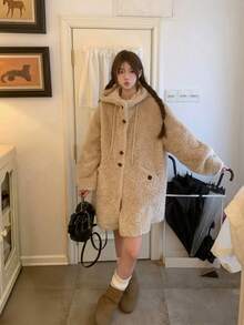 [Y6Y]Women's Lamb Fleece Mid-Length Hooded Button Coat, Winter Daily Warm Elegant Overcoat - Apricot - View 11