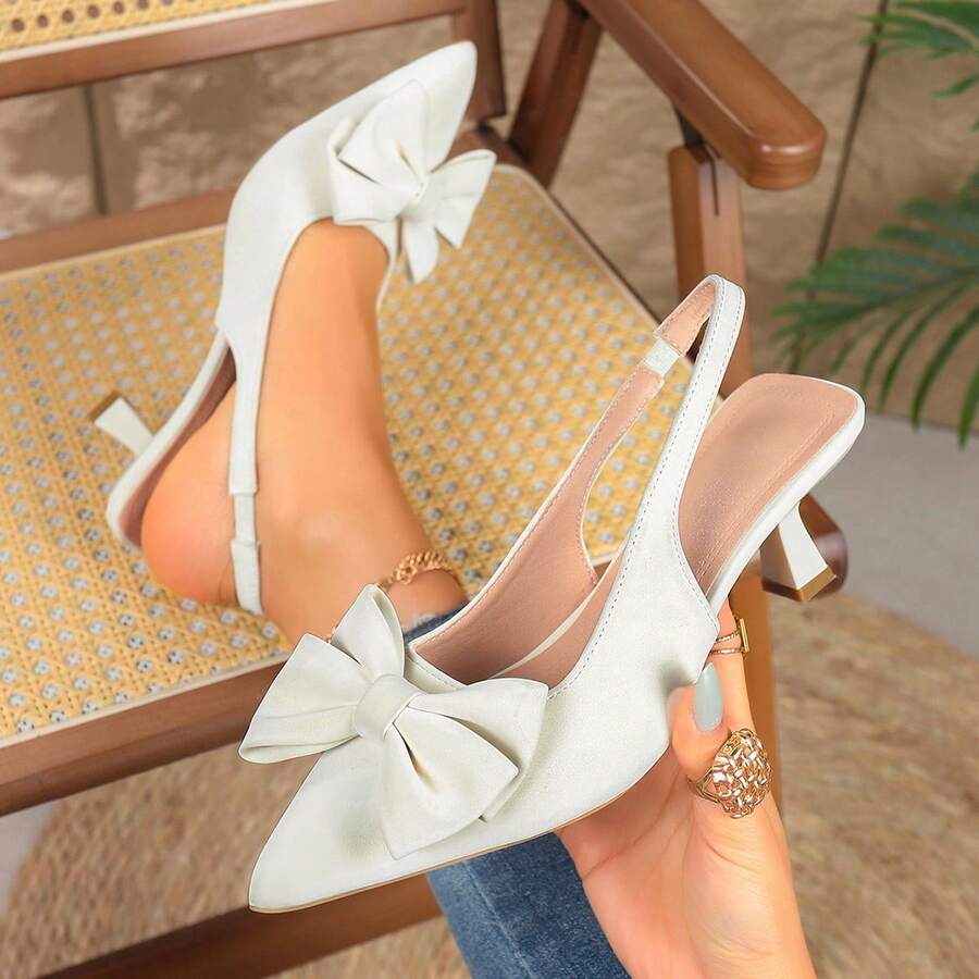 Fashionable Women's Beige Pointed Toe Bow High Heels, Comfortable And Stylish, Suitable For Workplace, Party Or Autumn/Winter Daily Wear - Off White - View 1