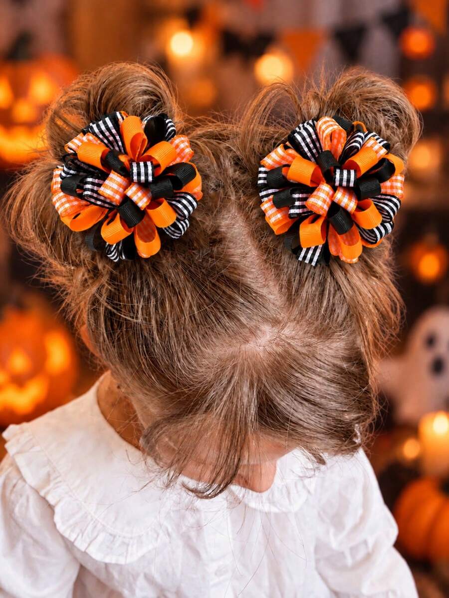 2pcs Girls Halloween Hair Clips, Orange & Black Plaid Hydrangea Hair Accessories, Party & Daily Wear - Multicolor - View 1