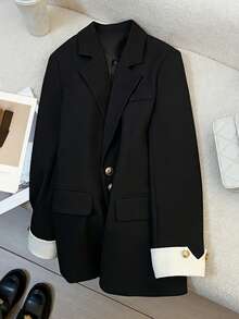 New Women's Black Blazer Jacket With Metal Buttons, Elegant And Versatile Fall - Black - View 7