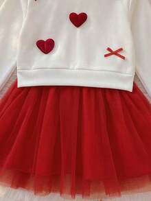Girls' 3D Heart Bow Long Sleeve Sweatshirt & Mesh Patchwork Dress, Red Christmas Outfit, Easy To Style For Daily Wear - Red and White - View 7