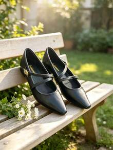 Black Pointed Toe Mary Jane Shoes, Thin Strap Metal Buckle, Low Shaft Gentle Commuter Women's Shoes - Black - View 10