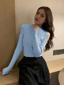 女款純色圓領修身針織露肩長袖修身套頭毛衣，百搭風格 - 淺藍色 - 查看 7