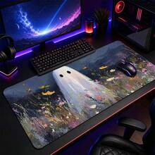 1pc Halloween Ghost And Wildflower Oil Painting Print Extended Mouse Pad, Dark Vintage Floral Keyboard Desk Mat, Cute Desktop Decor - View 1