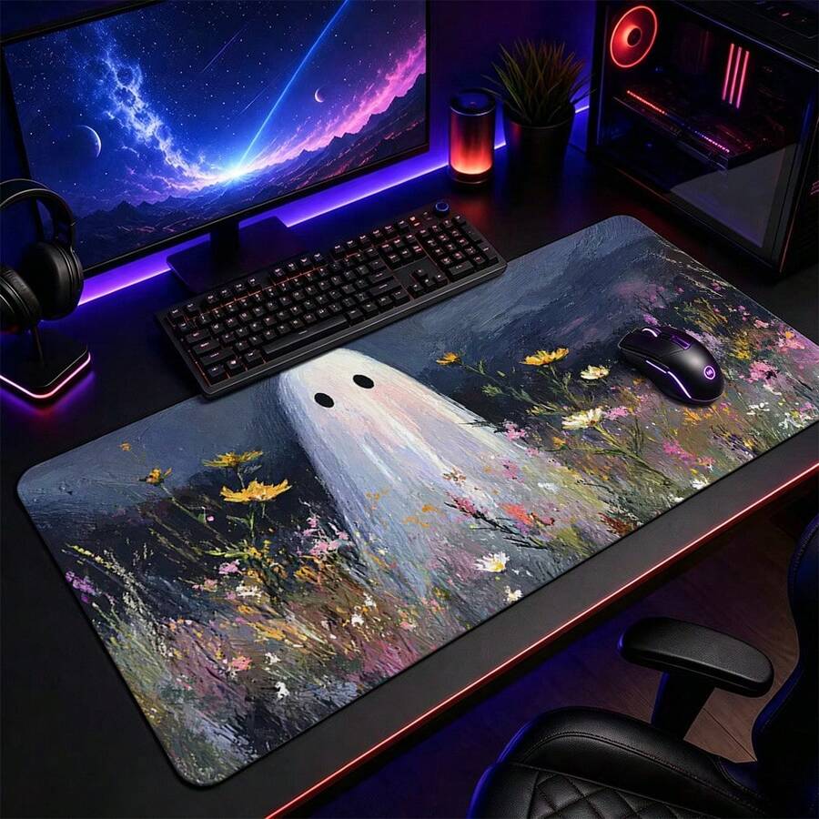 1pc Halloween Ghost And Wildflower Oil Painting Print Extended Mouse Pad, Dark Vintage Floral Keyboard Desk Mat, Cute Desktop Decor - View 1