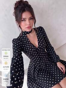 SUNSTORY Women's Autumn Black With White Polka Dot Halter V-Neck Long Sleeve Cinched Waist Flared Short Dress, Suitable For Commuting, Party, Christmas, Daily Outfits - Black - View 8