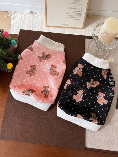 Pet Sleeveless Sweatshirt For Small Dogs Cats, Autumn Winter Diamond Velvet Warm Tank Top, Cute Bear Print Soft Stretchy Puppy Kitten Clothes, Pullover Pet Vest For Teddy Bichon