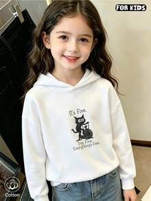 Children's Hoodie: Cute Cartoon Cat Pattern And "Never Mind" Print, Loose, Casual Style, Suitable For Daily Wear In Spring And Autumn - White - View 1