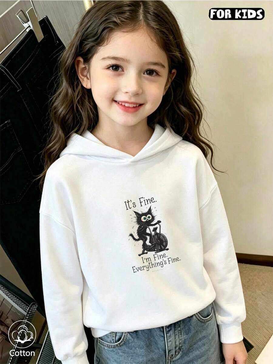 Children's Hoodie: Cute Cartoon Cat Pattern And "Never Mind" Print, Loose, Casual Style, Suitable For Daily Wear In Spring And Autumn - White - View 1
