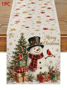 Christmas Table Runner, Pillow Case, Placemat, Winter Snowman Red Cardinal Christmas Tree Gift Box Pattern, Gold Snowflake Star Print, Vintage Country Style, Suitable For Home Dining Room Party Indoor Outdoor Winter Holiday Decoration - Multicolor - View 13