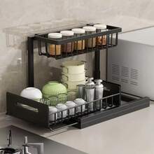 1pc 2-Tier Pull-Out Under Sink Storage Rack, Sliding Drawer Cabinet Organizer, Suitable For Kitchen Bathroom Closet Cabinet, Multi-Functional Cabinet Storage, Space-Saving, Adjustable, Rust-Proof, Heavy-Duty, Easy Assembly, Home Storage Solution - Black - View 8