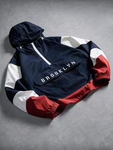 Plus Size Men's Hooded Color Block Half-Zip Jacket With Letter Embroidery, Casual Streetwear Sports Coat - Navy Blue - View 1