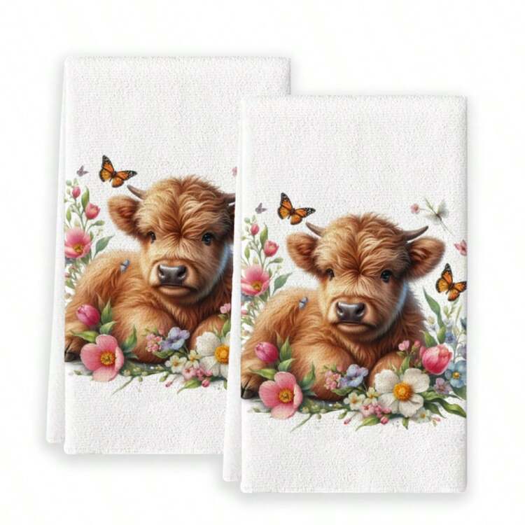 2pcs/Set Highland Cow Pattern Towel Set, Soft Kitchen Towels, Absorbent Quick-Drying Hand Towels, Christmas Decor, Suitable For Bathroom, Kitchen, Bedroom And Home Decoration, Holiday Gift For Friends And Family - White - View 9