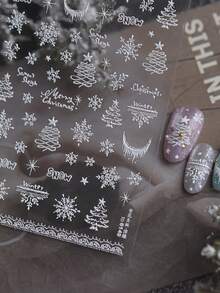 1Sheet Self-Adhesive Winter Christmas Nail Stickers, White Snowflake Xmas Tree Crescent Moon Lace Pattern Nail Decals, Xmas DIY Nail Supplies - White - View 2