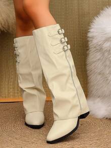 2024 Autumn New Women's Tall Boots Fashion Embroidered Knight Boots Mid-Heel Non-Slip - Beige - View 5