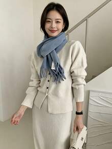 YCYC New Elegant V-Neck Single-Breasted Knit Cardigan Sweater + High-Waist Bodycon Skirt Korean Style Women's Set - Apricot - View 6