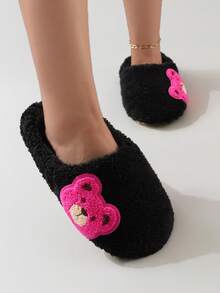 Cute Cartoon Embroidered Bear Plush Silent Soft Bottom Women's Indoor Slippers Floor Socks - Black - View 5