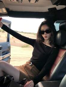 黑色修身船領長袖針織毛衣女款休閒優雅內搭T恤上衣 - 黑色 - 查看 3