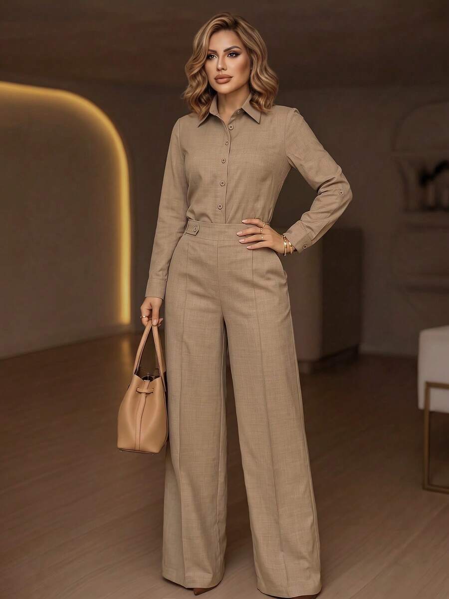 Women's Autumn Khaki Long Sleeve Shirt + Pants 2pcs Set Minimalist Office Style Suitable For Daily Commute Wear - Khaki - View 1