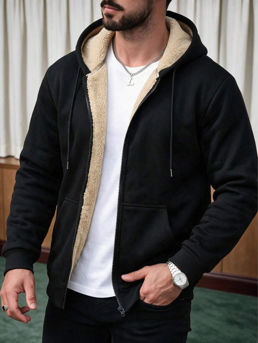 Men's Autumn/Winter Daily Commute Fashion Casual Minimalist Versatile Sweatshirt Hoodie - Black - View 1